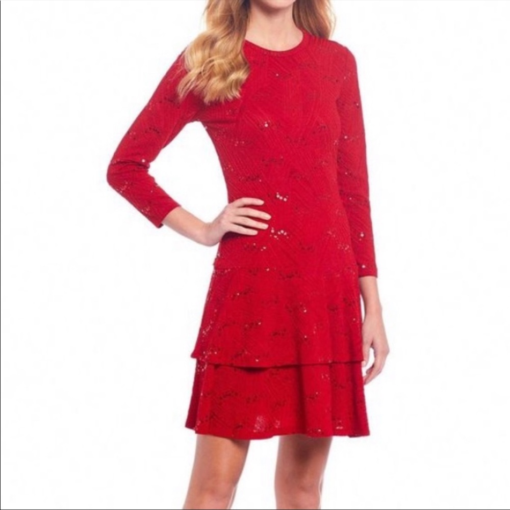 Michael Kors Red Sequin Flounce Holiday Dress M